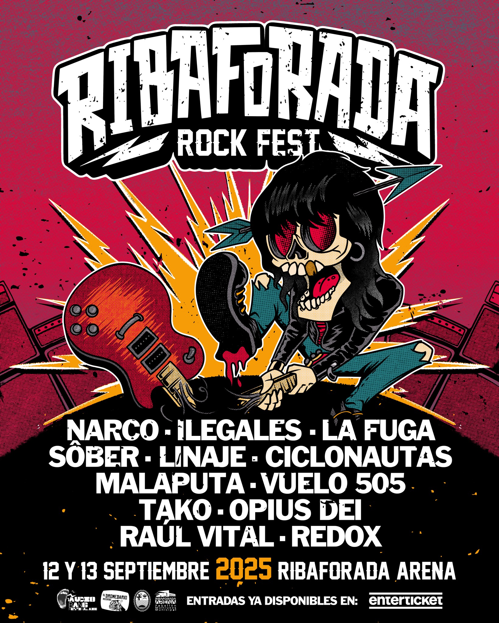 Ya podéis haceros con vuestras entradas para la nueva edición de #RibaforadaRockFest en la web de Enterticket: https://www.enterticket.es/.../ribaforada-rock-fest-2025... ¡Corred para disfrutar de su precio especial hasta el 1 de junio! 40€ entrada diaria (GG incluidos) 65€ bono dos días (GG incluidos) VIERNES 12 Narco · La Fuga · Malaputa · Linaje · Vuelo 505 · Raúl Vital SÁBADO 13 Ilegales · Sôber · Ciclonautas · Opius Dei · Tako · Redox ⛺ Este año también contaremos con zona de acampada gratuita en la Piscina Municipal. Para su disfrute, solo tendréis que marcarlo en el proceso de compra de entradas. Además, se habilitará servicio de autobús para las localidades próximas. ¡Una experiencia única para disfrutar del rock en la mejor compañía! Os esperamos, familia. Colaboran El Dromedario Records & Ayuntamiento de Ribaforada ️ Arte de @ojoalflaco